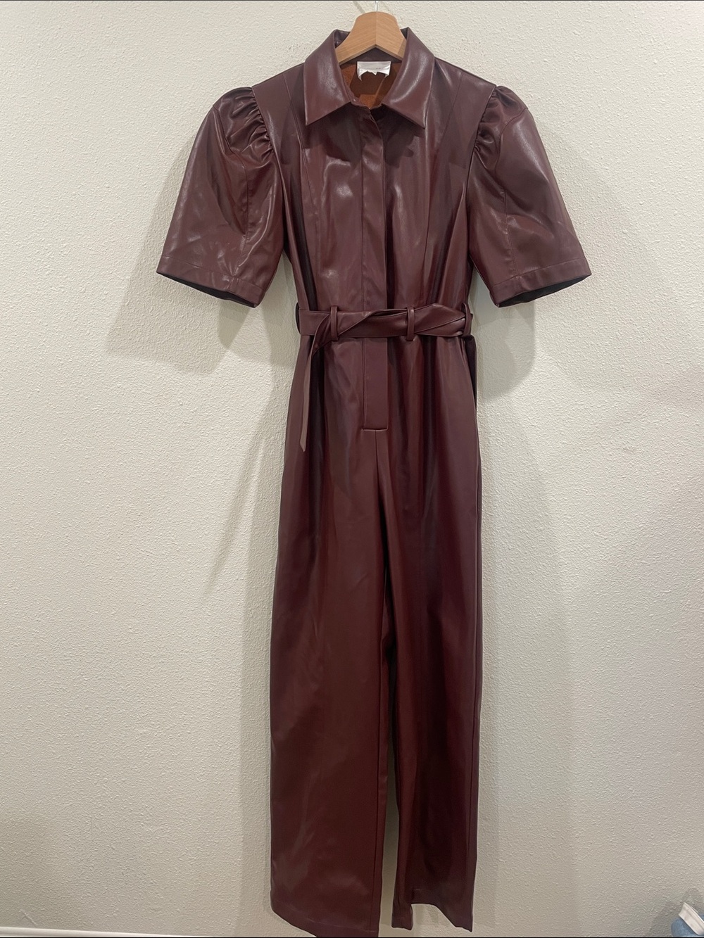 Line and Dot Revolve Vegan Leather Maroon Brown Red Jumpsuit Tie Fall Autumn